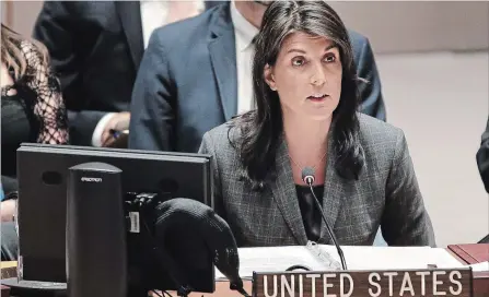  ?? SETH WENIG THE ASSOCIATED PRESS ?? United States ambassador to the United Nations Nikki Haley speaks during a Security Council meeting Wednesday.