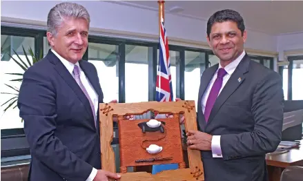  ?? Photo: DEPTFO News ?? Attorney-General and Minister for Economy Aiyaz Sayed-Khaiyum, with the UN Assistant Secretary-General for Political Affairs, Miroslav Jenca, in Suva on September 11, 2017.