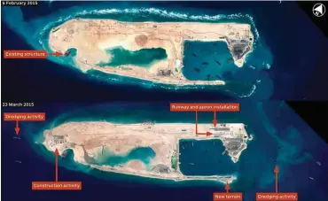  ?? Foto: AP/CNES, Airbus Defence and Space/IHS Jane’s Defence Weekly ?? Erst Aufschüttu­ngen machten das Fiery Cross Reef zur Insel.