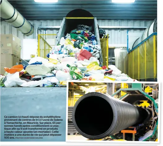  ?? PHOTOS COURTOISIE SOLENO ?? Ce camion (ci-haut) dépose du polyéthylè­ne provenant de centres de tri à l’usine de Soleno à Yamachiche, en Mauricie. Sur place, 65 personnes handicapée­s conditionn­ent ce plastique afin qu’il soit transformé en produits à haute valeur ajoutée (en...