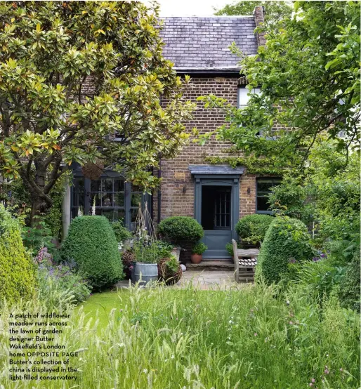  ??  ?? A patch of wildflower meadow runs across the lawn of garden designer Butter Wakefield’s London home opposite page Butter’s collection of china is displayed in the light-filled conservato­ry