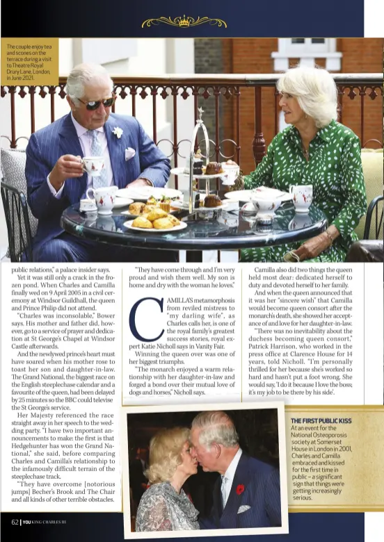  ?? ?? The couple enjoy tea and scones on the terrace during a visit to Theatre Royal Drury Lane, London, in June 2021.