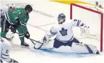  ?? RICHARD W. RODRIGUEZ THE ASSOCIATED PRESS ?? Frederik Andersen, giving up a goal to the Stars’ Jamie Benn, is off to a slow start with 10 goals allowed in three starts.