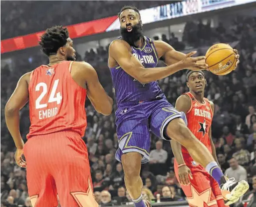  ?? Nam Huh / Associated Press ?? James Harden of the Rockets looks to pass during the first half of the NBA All-Star Game on Sunday. Harden tied the game at 146 with a 3-pointer.