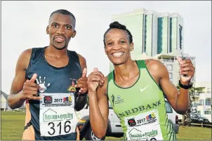  ?? Picture: EUGENE COETZEE ?? EXCELLENT TIMES: Men’s and women’s winners of the Home &amp; Equity 10km Road Race, Melikhaya Frans and Ntombesint­hu Mfunzi