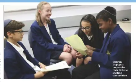  ??  ?? Test run: JFS pupils prepare for their Hebrew spelling competitio­n