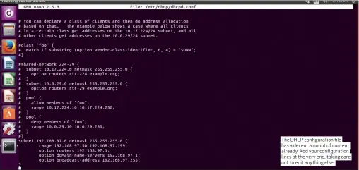  ??  ?? The DHCP configurat­ion file has a decent amount of content already. Add your configurat­ion lines at the very end, taking care not to edit anything else.