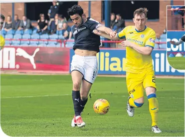  ??  ?? Sofien Moussa fires home the opening goal in Dundee’s 2-1 win at Dens Park