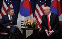  ?? (Carlos Barria/Reuters) ?? US PRESIDENT Donald Trump holds a bilateral meeting yesterday with South Korean President Moon Jae-in on the sidelines of the 73rd UN General Assembly in New York.