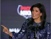  ?? STEVEN SENNE — THE ASSOCIATED PRESS ?? Republican presidenti­al candidate and former U.N. Ambassador Nikki Haley speaks at a New Hampshire primary night rally, in Concord, N.H., on Tuesday.