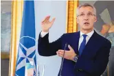  ?? MARTIN SYLVEST/RITZAU SCANPIX VIA AP ?? NATO Secretary General Jens Stoltenber­g gestures during a Thursday meeting in Copenhagen. The NATO leader is expressing confidence issues over Sweden and Finland joining the alliance can be resolved.