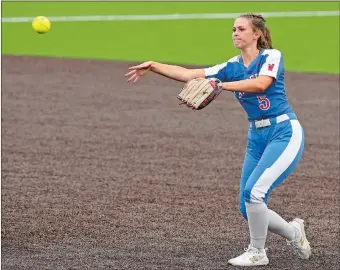  ?? DANA JENSEN/THE DAY ?? Waterford second baseman Anna Donahue makes a throw to first base during the Lancers’ Class L second-round state tournament victory over Ledyard on June 1.