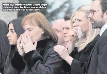  ?? MARTIN McKEOWN ?? Karol Kelly’s mother Philomena (second left) at the funeral yesterday. Below: Mourners follow the coffin out of church