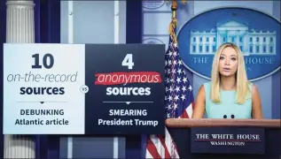  ?? Drew Angerer / Getty Images ?? White House Press Secretary Kayleigh McEnany talks about the recent Atlantic Magazine article about President Donald Trump and the military during a press briefing at the White House on Friday.