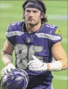  ?? Icon Sportswire via Getty Images ?? Tight end Jacob Hollister had 66 catches for 558 yards and six touchdowns over the past two seasons playing for Seattle.