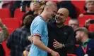  ?? ?? Pep Guardiola with Erling Haaland. The manager’s Manchester City team now seem as unbeatable as his Barcelona 2011 vintage. Photograph: Tom Jenkins/The Guardian