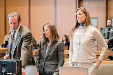  ?? Richard Harbus/Pool photo ?? Michelle Troconis, right, stands in state Superior Court with her attorneys, Jon Schoenhorn and Audrey Felsen, on the sixth day of her trial, in Stamford on Friday.