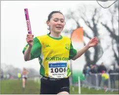  ?? (Photo: Sam Barnes/Sportsfile) ?? HOME 1st - Emma Flynn of North Cork AC celebrates winning the girl’s under 12 relay at The Irish Life Health National Intermedia­te, Master, Juvenile B & Relays Cross Country Championsh­ips last weekend.