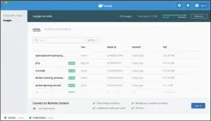  ??  ?? Op het Dashboard, dat via het walvismenu te vinden is, kunnen Windows- en Mac-gebruikers onder andere zien welke containers er draaien en welke images er ongebruikt zijn. Handig als je je harde schijf snel moet opruimen.