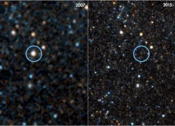  ??  ?? 2007 2015
N6946-BH1 before and after: in 2009 it flared to over a million times brighter than the Sun then imploded into a black hole