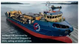  ??  ?? Wellboat  EIR  delivered  by   Detroit’s  Brazilian  Shipyard  in   2020,  sailing  on  south  of  Chile