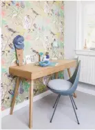  ??  ?? THEO’S BEDROOM This punchy design lends a fun touch. Ardmore Savuti wallpaper, £90 a roll, Cole & Son. The Drop chair by Arne Jacobsen is in a limited edition colour but it is available in other colours, from £255, Utility