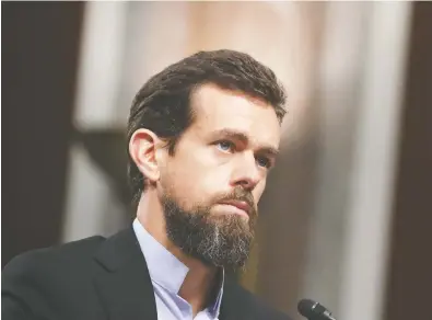  ?? DREW ANGERER / GETTY IMAGES FILES ?? Analysts and investors said the impact of the Donald Trump ban on Twitter CEO Jack Dorsey's standing with
investors will hinge on whether the move weighs on the company's longer-term growth prospects.