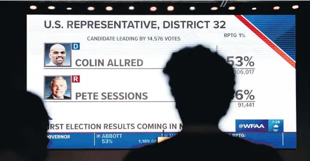  ?? — JEFFREY MCWHORTER/THE ASSOCIATED PRESS ?? Incumbent Rep. Pete Sessions supported the USMCA trade deal, but he went down to defeat at the hands of Democratic candidate Colin Allred in last week’s midterm elections, one of the changes which could delay Congressio­nal approval of the deal.