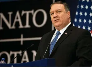  ?? AP/VIRGINIA MAYO ?? After criticizin­g Russia’s actions, U.S. Secretary of State Mike Pompeo said Friday at NATO headquarte­rs in Brussels that “NATO is more indispensa­ble than ever.”