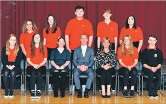  ??  ?? S6 senior prefects, back row left to right: Ellie Wood, Hannah McCartney, Adam Aitken, Robbie Milton and Daisy Urquhart-Dixon. Front, left to right: Laurie Miller, Elyse Aitken, depute head Suzie Dick, former head teacher Barry Smith, acting head teacher Susan Foster, Eilidh Hamill and William Downing.