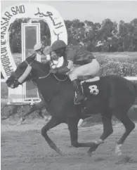  ??  ?? Dhkar (G. Ghrissi) résiste à l’assaut final de Faylassouf à la corde –Prix Said Bouziri (Gr2)