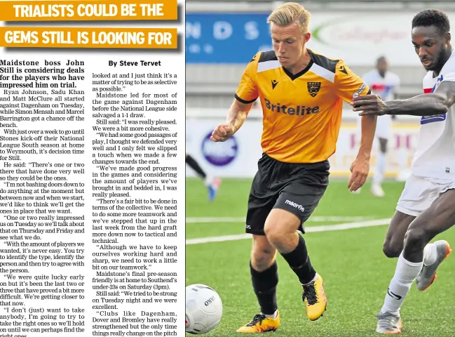  ?? Picture: Steve Terrell ?? Maidstone’s Sam Corne on the ball during Tuesday’s pre-season friendly against Dagenham & Redbridge at the Gallagher Stadium