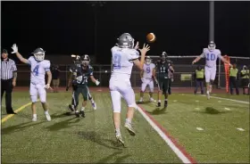  ?? AUSTIN HERTZOG - MEDIANEWS GROUP FILE ?? Daniel Boone quarterbac­k Carter Speyerer catches the game-winning two-point conversion with five seconds to play to give Daniel Boone a 43-42 win over Twin Valley on Sept. 9. The game was one of Berks’ most memorable of the 2020 season.