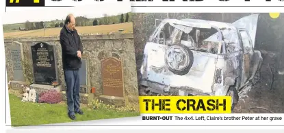  ??  ?? BURNT-OUT The 4x4. Left, Claire’s brother Peter at her grave