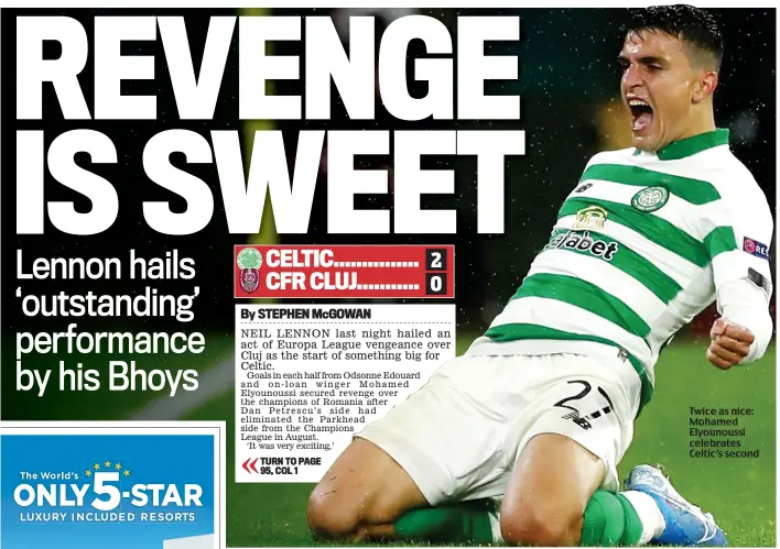  ??  ?? Twice as nice: Mohamed Elyounouss­i celebrates Celtic’s second