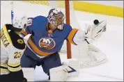  ?? JASON DECROW — THE ASSOCIATED PRESS ?? New York Islanders goalie Semyon Varlamov had 27 saves against the Boston Bruins for his 29th career shutout.