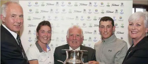  ??  ?? Winners from Delgany GC: Marc Nolan and Lauren Murray with John Ferriter (Chairman Leinster Golf) and Captains of Greystones, Frank Looby and Monica Smith. Photo: Ronan Quinlan