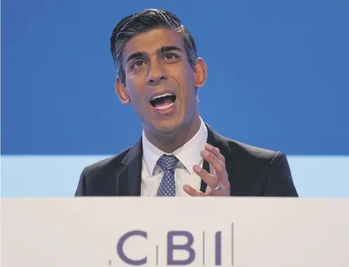  ?? ?? ↑ Prime Minister Rishi Sunak speaking during the CBI annual conference at the Vox Conference Centre in Birmingham