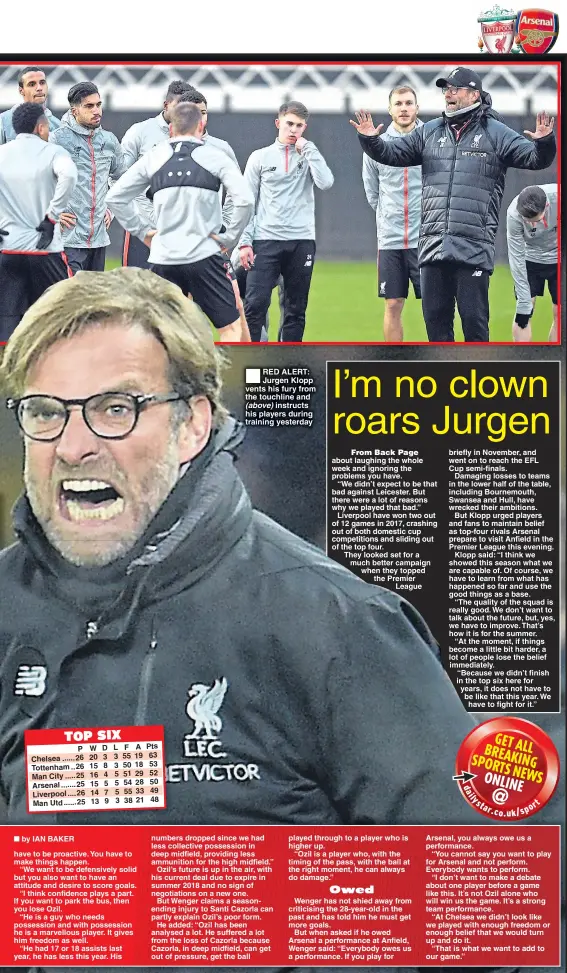  ??  ?? RED ALERT: Jurgen Klopp vents his fury from the touchline and (above) instructs his players during training yesterday