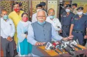  ?? PTI ?? Chief minister Manohar Lal Khattar addressing mediaperso­ns in Gurugram on Monday.