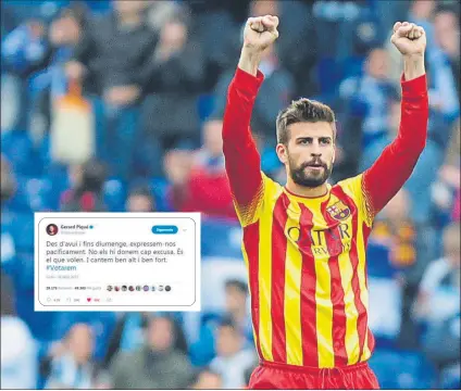  ?? FOTO: EDUARD OMEDES ?? Piqué, con la camiseta de la ‘senyera’ en un partido de la Liga 2013-14 ante el Espanyol El central, orgulloso de ser catalán