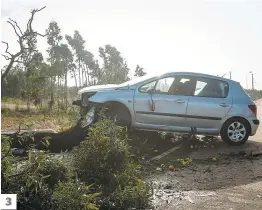  ??  ?? 1. Des pompiers retirent des branches de la route à Figueira da Foz. 2. Les puissantes rafales ont cassé de nombreux arbres. 3. Une voiture a été endommagée par la chute d’un arbre. PHOTOS AFP