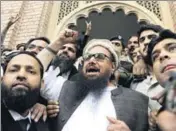  ??  ?? Hafiz Saeed, head of the Pakistani religious party, JamaatudDa­wa, in Lahore on Wednesday following his release.