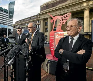  ?? ROBERT KITCHIN/STUFF ?? The Let’s Get Wellington Moving project was formally announced at the Wellington Railway Station in 2019 by then-wellington Mayor Justin Lester, then-transport Minister Phil Twyford, and then-gwrc chair Chris Laidlaw.