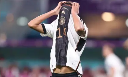  ?? Photograph: Alex Livesey/Danehouse/Getty Images ?? Jamal Musiala looks dejected after Germany’s defeat by Japan.