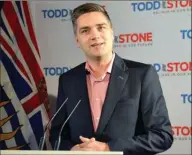  ?? ANDREA PEACOCK/The Okanagan Weekend ?? BC Liberal leadership candidate Todd Stone speaks at a news conference at the Delta Grand hotel in Kelowna on Friday. All six Liberal leadership candidates will be at a public debate this morning at the Coast Capri Hotel.