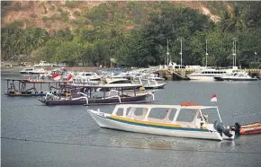  ??  ?? This picture taken on August 9 shows tourist rental boats moored after the recent quakes at Teluk Nare port in Pemenang in northern Lombok island.