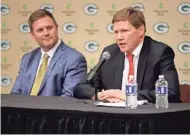  ?? SARAH KLOEPPING/USA TODAY NETWORK-WISCONSIN ?? Green Bay Packers president and CEO Mark Murphy (right) and general manager Brian Gutekunst speak to the media Monday at Lambeau Field.