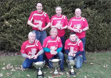  ??  ?? Monageer horseshoe team who claimed the Division 1 Horseshoe League crown. From the back, left to right, Walter Christophe­r, Mikie Sunderland, John Joe Byrne. Front, from left to right, Wally Dempsey, Brendan Earle and Michael Sunderland. Brendan Earle...