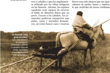  ??  ?? El travois, otrogran invento. Con este sistemade transporte amarrado a perros o caballos (foto de1908), los indios acarreaban hasta 150 kg de carga.